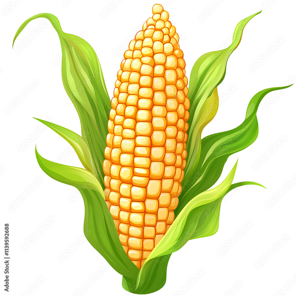 Obraz premium Fresh corn on cob with vibrant yellow kernels and green leaves