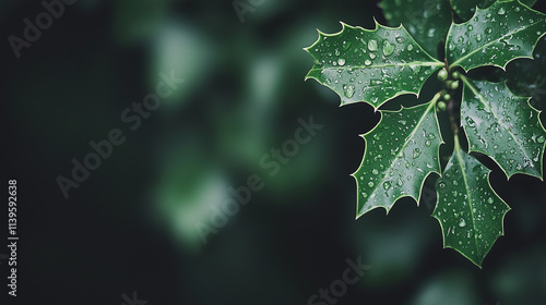 Raindrops on Holly: A close...