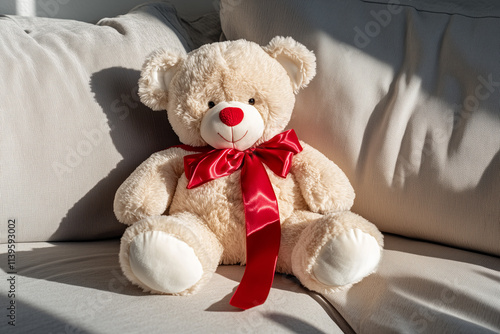 Soft plush teddy bear sitting on a couch with a bright red ribbon, perfect for gifting on occasions like Valentine's Day or birthdays photo