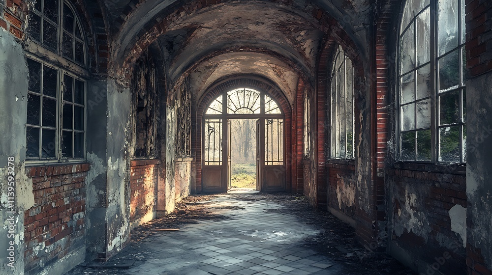 Fototapeta premium Abandoned Hallway, Decaying Architecture, Mysterious Interior