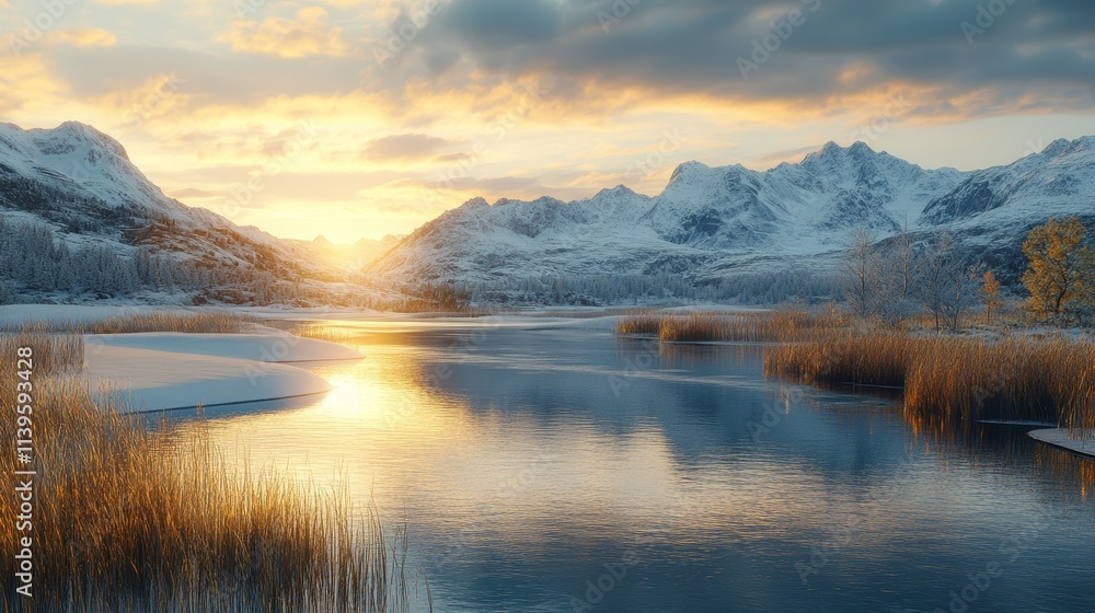 Stunning Sunset Over Snowy Mountains and Calm River Landscape Stunning Sunset Over Snowy Mountains and Calm River Landscape