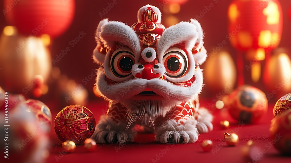 Obraz premium Vibrant Decorated Lion Dance Figure with Lanterns and Ornaments for Traditional Celebrations