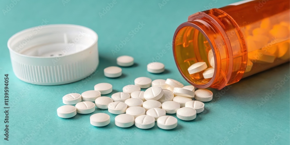 Scattered Medication Pills Spilling from an Amber Bottle onto a Teal Surface Scattered Medication Pills Spilling from an Amber Bottle onto a Teal Surface