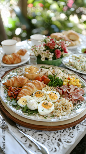 Gourmet Brunch Plate, Croissants, Eggs, Ham, & Quinoa