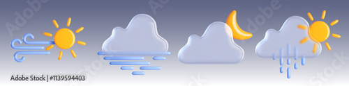 Weather forecast icons. 3d meteorological symbols - windy sun, misty morning, moon behind cloud, rainy daylight. Realistic vector illustration set of atmospheric elements for meteorology prediction.