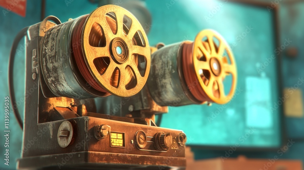 Obraz premium Vintage film projector with spools and detailed mechanics.