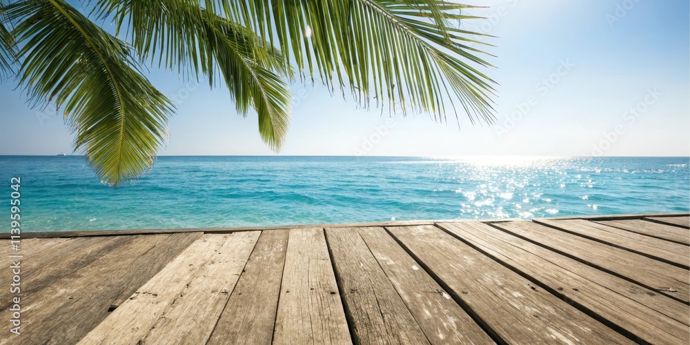 Serene ocean view from a weathered wooden dock, partially shaded by lush palm fronds under a bright sun Serene ocean view from a weathered wooden dock, partially shaded by lush palm fronds under a bright sun