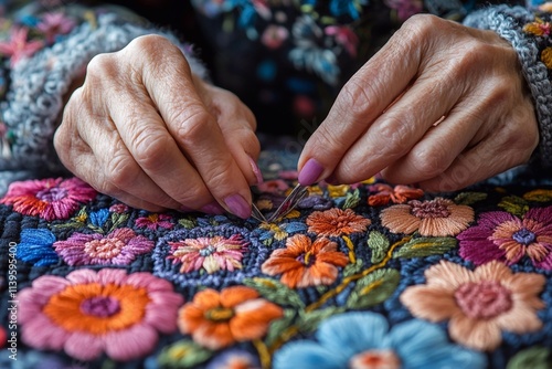 a picture where bright embroidery is created by hand on a background