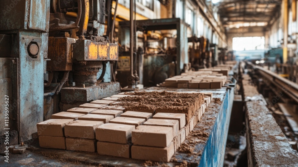A brick factory production line with machinery cutting, molding, and firing raw clay into finished bricks ready for building use. A brick factory production line with machinery cutting, molding, and firing raw clay into finished bricks ready for building use.