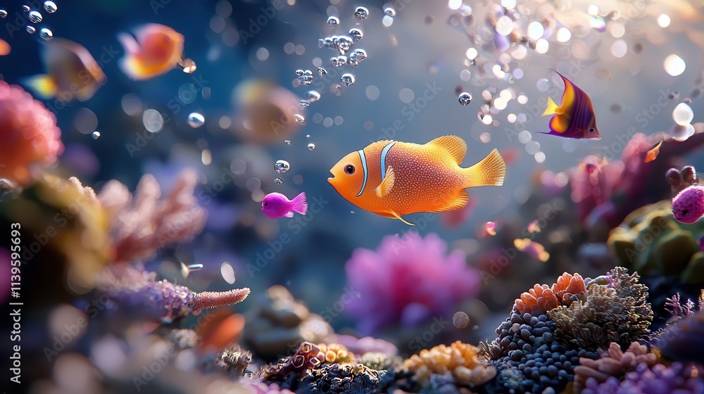 Fototapeta premium A vibrant underwater scene featuring a variety of colorful tropical fish swimming among coral reefs