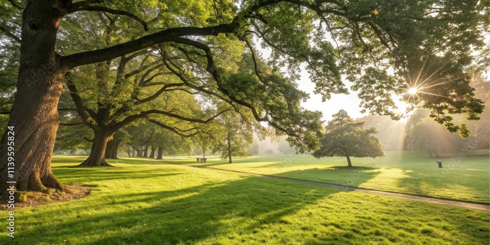 Obraz premium Serene Sunrise Illuminates Lush Green Meadow with Majestic Trees Casting Long Shadows