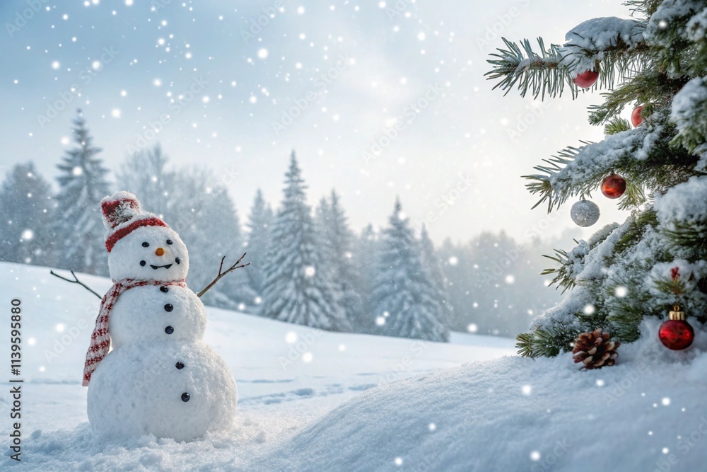 Panoramic view of happy snowman in winter secenery with copy space Panoramic view of happy snowman in winter secenery with copy space