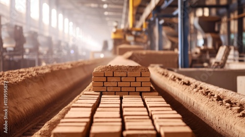 A brick production line where clay bricks are shaped, dried, and fired in high-temperature kilns in a modern factory setting. photo