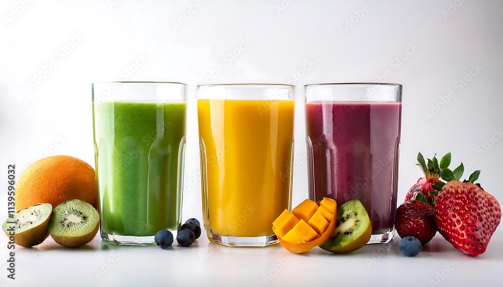 colorful smoothies, glasses, various fruits, white background, healthy, fresh beverages. colorful smoothies, glasses, various fruits, white background, healthy, fresh beverages.