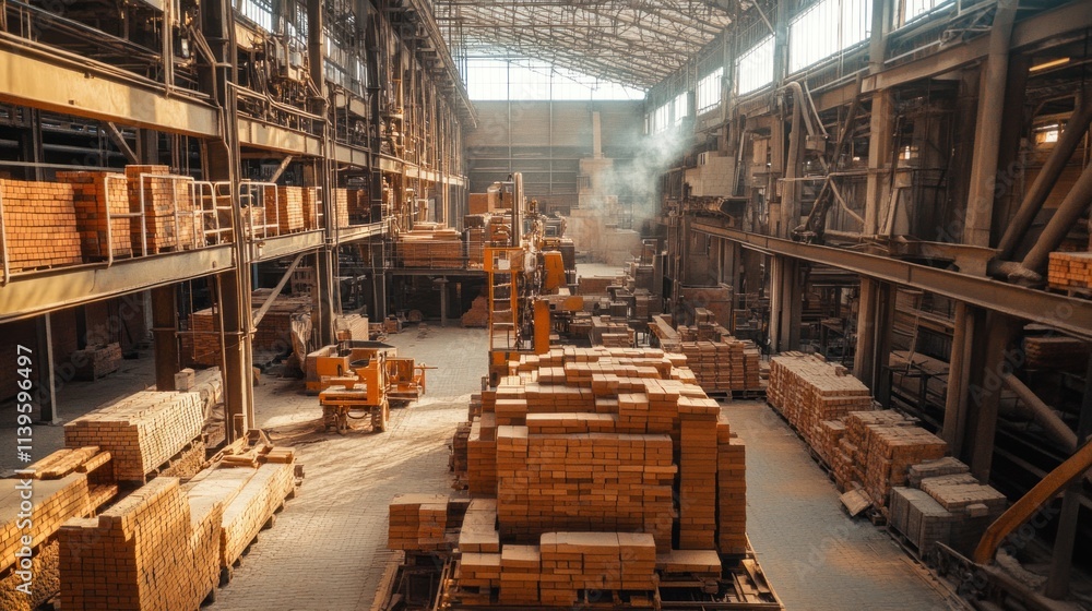 A bustling brick factory, with various machines molding, drying, and firing bricks, showcasing the full production process for building materials. A bustling brick factory, with various machines molding, drying, and firing bricks, showcasing the full production process for building materials.