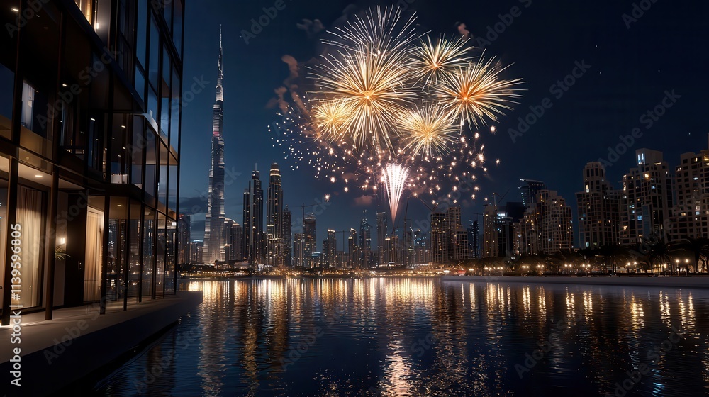 An extravagant fireworks display over a modern urban skyline, An extravagant fireworks display over a modern urban skyline,