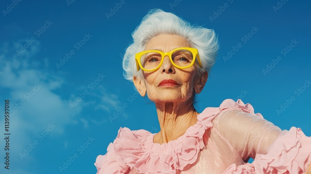 A confident elderly woman with white hair and yellow glasses, wearing a pink ruffled dress A confident elderly woman with white hair and yellow glasses, wearing a pink ruffled dress