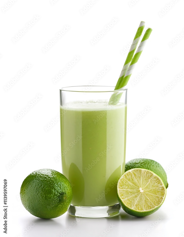 Lime smoothie, glass, lime slices, whole limes, white background, fresh, citrusy. Lime smoothie, glass, lime slices, whole limes, white background, fresh, citrusy.