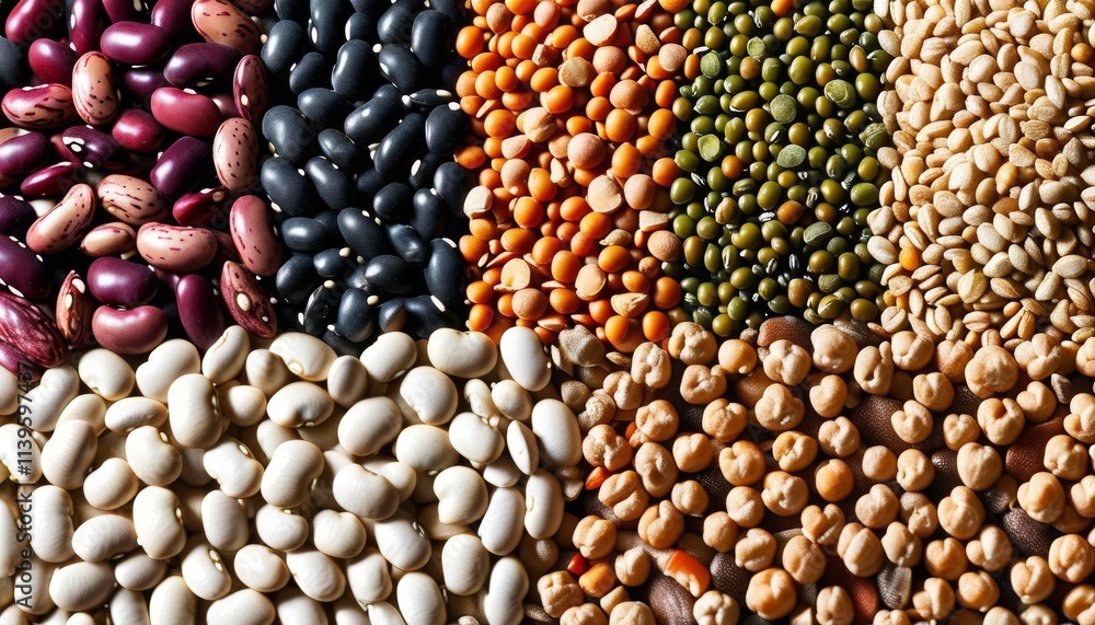 Colorful Arrangement of Mixed Dried Legumes and Cereals on Display in Upscale Presentation Colorful Arrangement of Mixed Dried Legumes and Cereals on Display in Upscale Presentation