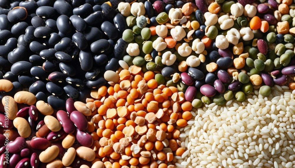 Colorful Display of Mixed Dried Legumes and Cereals on a Rustic Wooden Surface Colorful Display of Mixed Dried Legumes and Cereals on a Rustic Wooden Surface