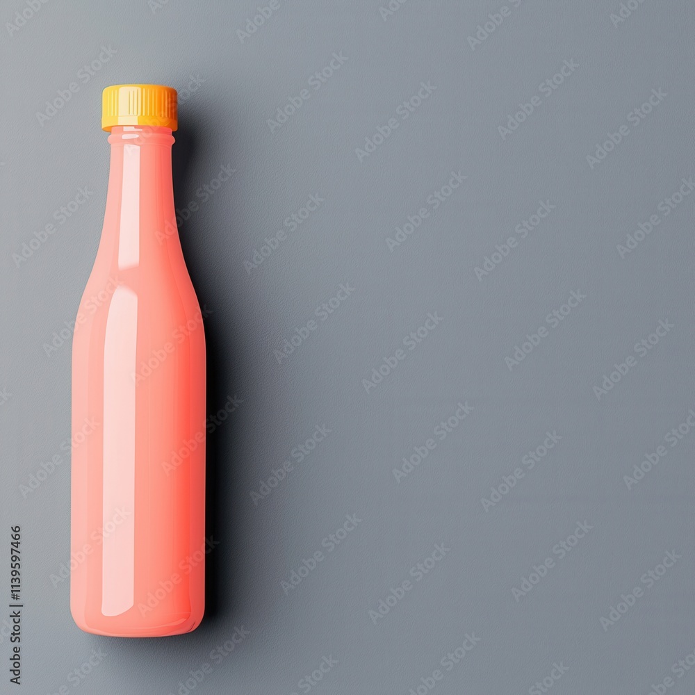 Minimalist concept for mock-up of food packaging bottle. Pink bottle with orange cap against a gray background Minimalist concept for mock-up of food packaging bottle. Pink bottle with orange cap against a gray background