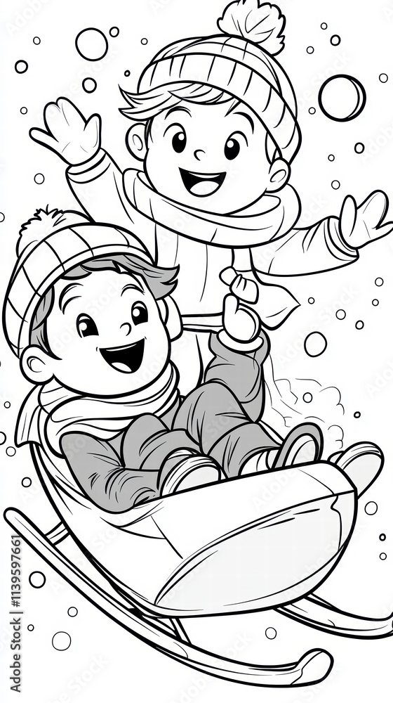 Happy Children Sledding in the Snow - Coloring Page Illustration Happy Children Sledding in the Snow - Coloring Page Illustration
