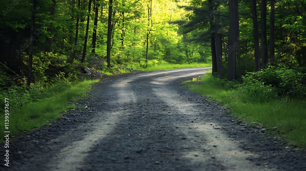 Forest Road Winding Through Lush Green Trees. Concept of Nature, Adventure, and Exploration. Forest Road Winding Through Lush Green Trees. Concept of Nature, Adventure, and Exploration.