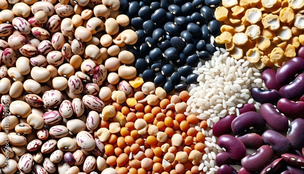 Colorful Mixed Dried Legumes and Cereals in an Upscale Arrangement on a Dark Surface Colorful Mixed Dried Legumes and Cereals in an Upscale Arrangement on a Dark Surface