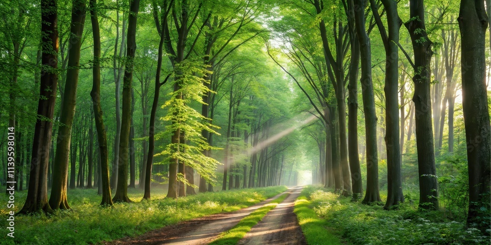Fototapeta premium Sunbeams Illuminate a Forest Path Through Lush Green Trees