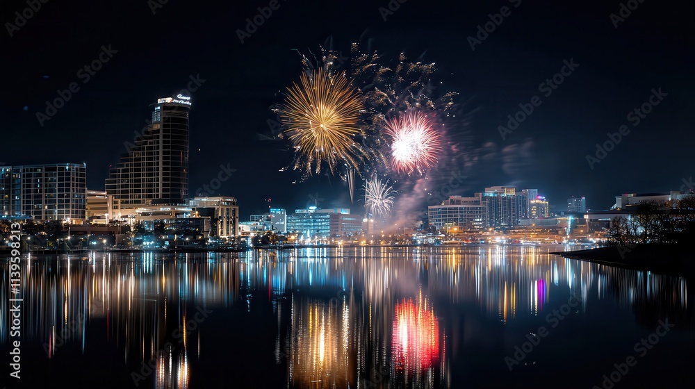 A breathtaking cityscape at night with vibrant fireworks lighting up the sky, A breathtaking cityscape at night with vibrant fireworks lighting up the sky,