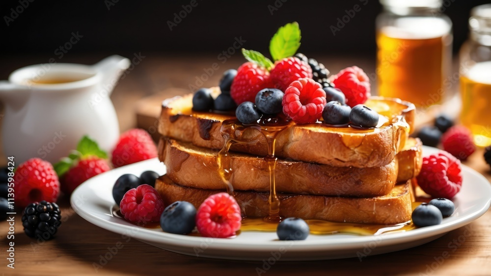 A plate of French toast stacked high, drizzled with syrup, A plate of French toast stacked high, drizzled with syrup,
