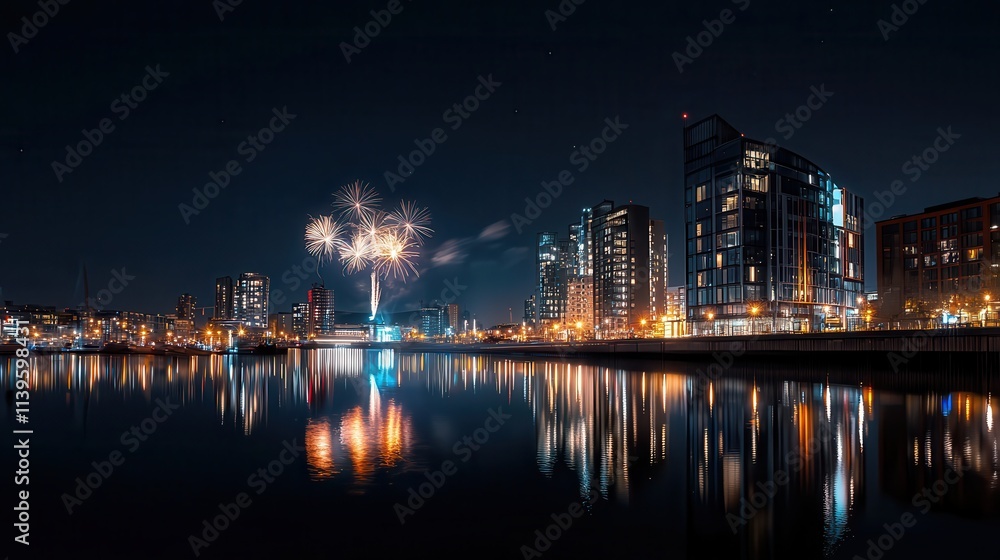 Fototapeta premium A breathtaking cityscape at night with vibrant fireworks lighting up the sky,