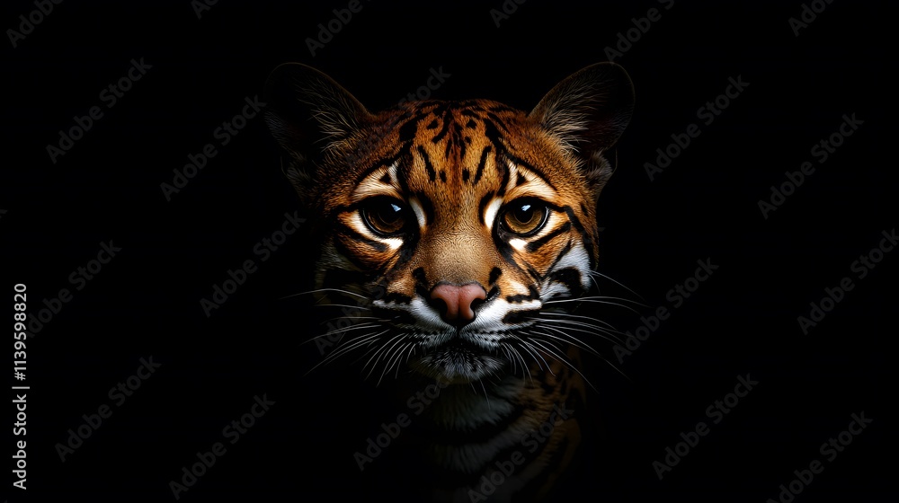 Obraz premium 暗い背景で見つめるオセロットのクローズアップ