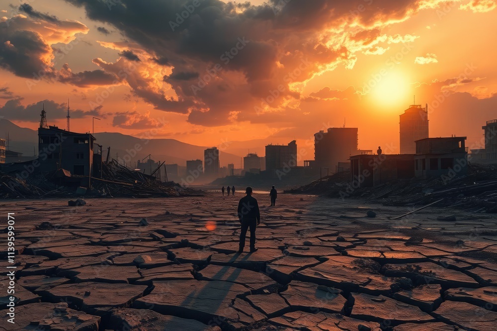 Fototapeta premium Figures Walking Through Destroyed City at Sunset with Cracked Earth