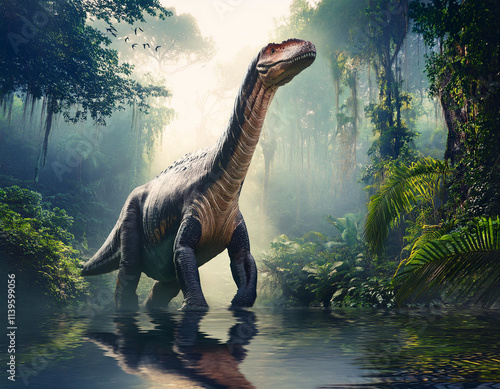 Mokele Mbembe Emerging from Foggy Jungle Swamp photo