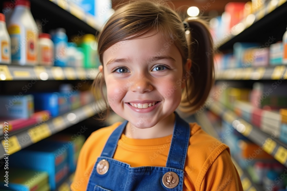 Happy Young Girl Smiling in Supermarket Aisle, Perfect for Family-Friendly Advertising or Children's Product Promotion Happy Young Girl Smiling in Supermarket Aisle, Perfect for Family-Friendly Advertising or Children's Product Promotion