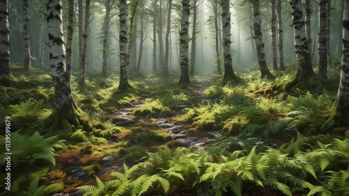 Wallpaper Mural serene forest scene with birch trees and dense undergrowth of ferns and moss, landscape, natural scenery, natural beauty Torontodigital.ca