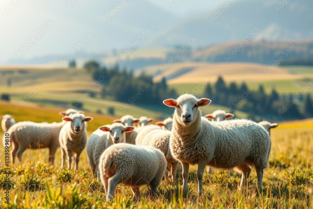 Flock of Sheep Grazing in Grassy Meadow with Rolling Hills Landscape Flock of Sheep Grazing in Grassy Meadow with Rolling Hills Landscape