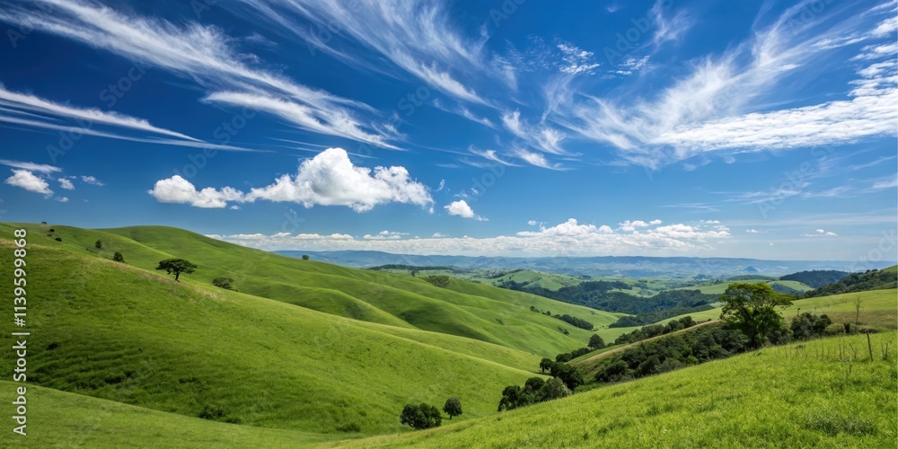 Fototapeta premium Rolling Green Hills Under a Vivid Blue Sky with Wispy Clouds