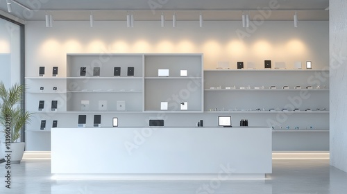 A clean and modern digital tech store with white shelves, showcasing the latest devices in a glass case, with tech products displayed behind the showcase. photo