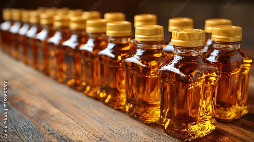 Rows of Bottled Vegetable Oil on Wooden Surface for Culinary Use Rows of Bottled Vegetable Oil on Wooden Surface for Culinary Use