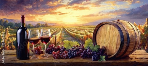 Bottles And Wineglasses With Grapes And Barrel In Rural Scene