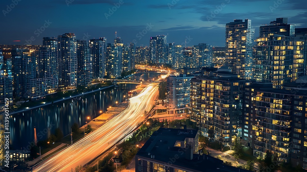 Fototapeta premium Night Cityscape with Illuminated Highway. Urban Skyline at Dusk.