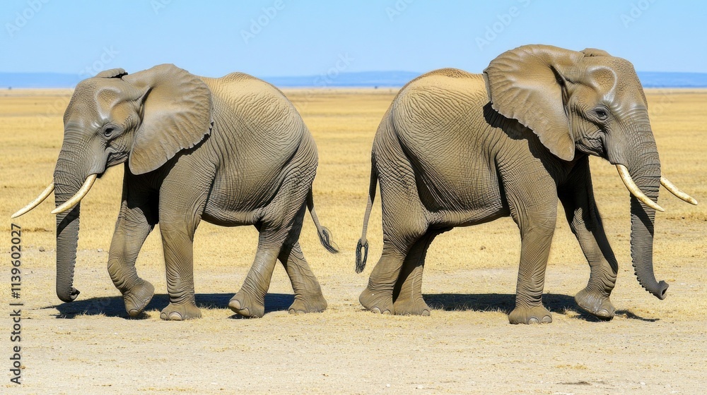Two elephants walking side by side across a dry savanna. Two elephants walking side by side across a dry savanna.