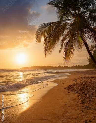 Golden sunlight illuminates a deserted beach with soft waves washing onto the shore. Silhouettes of palm trees frame the horizon, creating a peaceful and tropical atmosphere perfect for relaxation the