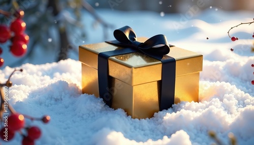 Luxurious gold box unsealed with black ribbon laid on snowy ground, winter, berries