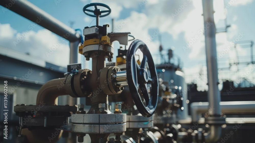 Fototapeta premium Industrial pipeline valve control system outdoors under sunny sky.