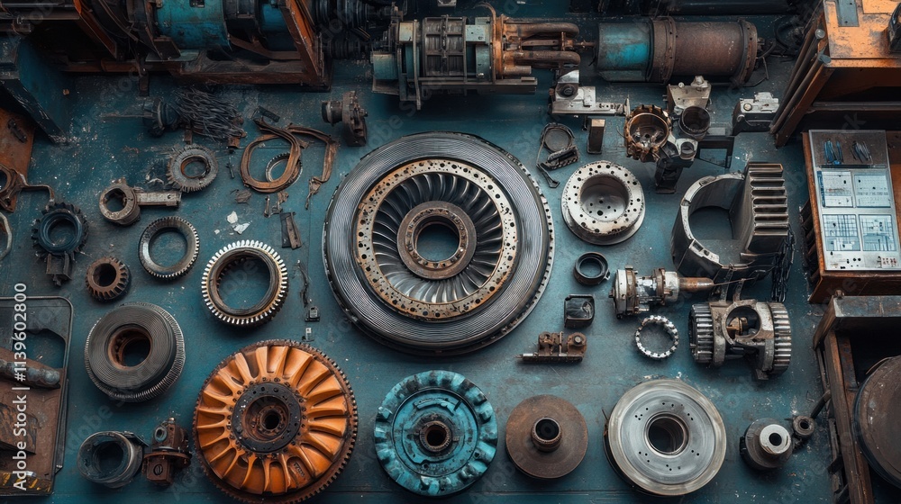 A collection of turbine and compressor rotor components disassembled, showcasing blades, shafts, and seals in a mechanical workshop. A collection of turbine and compressor rotor components disassembled, showcasing blades, shafts, and seals in a mechanical workshop.