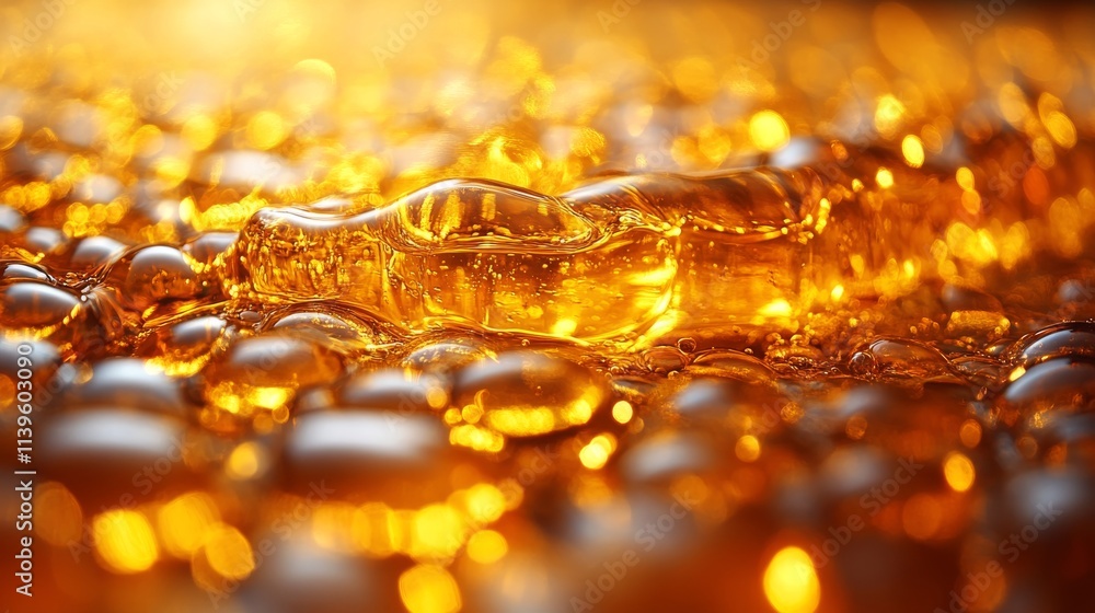 Golden Liquid Surface with Bubbles and Reflections in Background Golden Liquid Surface with Bubbles and Reflections in Background