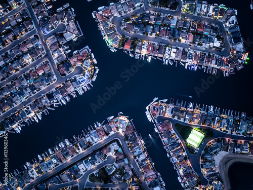 Illuminated Marina and Waterfront Homes at Night in Huntington Beach